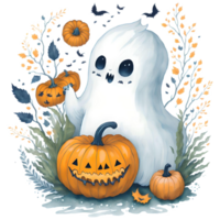 Watercolor Halloween Ghosts Pumpkin PNG Design, Generative AI