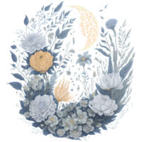 Watercolor Illustration Moon and Flower PNG Design Generative AI