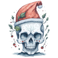 aquarelle crâne portant Père Noël chapeau png conception, génératif ai