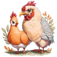 Watercolor Thanksgiving Cute Chicken and Turkey PNG Design, Generative AI