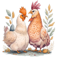 Watercolor Thanksgiving Cute Chicken and Turkey PNG Design, Generative AI