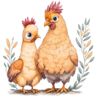 Watercolor Thanksgiving Cute Chicken and Turkey PNG Design, Generative AI