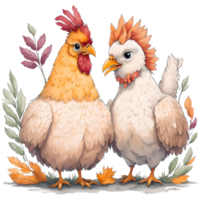 Watercolor Thanksgiving Cute Chicken and Turkey PNG Design, Generative AI