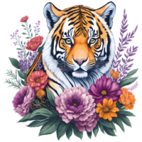 Watercolor Tiger With Flowers PNG Design, Generative AI