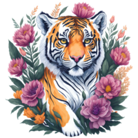 Watercolor Tiger With Flowers PNG Design, Generative AI