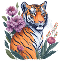 Watercolor Tiger With Flowers PNG Design, Generative AI