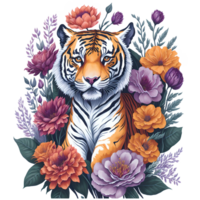 Watercolor Tiger With Flowers PNG Design, Generative AI