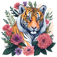 Watercolor Tiger With Flowers PNG Design, Generative AI