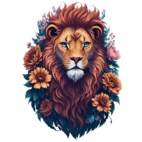 Watercolor Vintage Lion Head With Flowers PNG Design, Generative AI