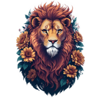 aquarelle ancien Lion tête avec fleurs png conception, génératif ai