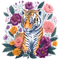 Watercolor Tiger With Flowers PNG Design, Generative AI