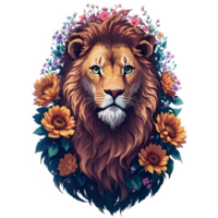 Watercolor Vintage Lion Head With Flowers PNG Design, Generative AI