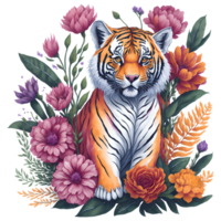 aguarela tigre com flores png projeto, generativo ai