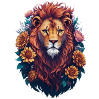 Watercolor Vintage Lion Head With Flowers PNG Design, Generative AI