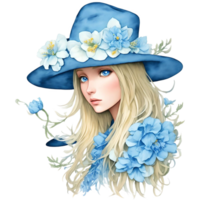 Watercolor Young Woman and Blue Hat PNG