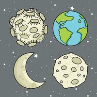 Drawing moon, moon crater, full moon, new moon. Drawing planet earth. Cartoon style. vector