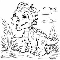 illustration outline drawing white background cartoon cute dinosaur to coloring, character games app mobile, generative ai photo