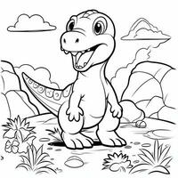 illustration outline drawing white background cartoon cute dinosaur to coloring, character games app mobile, generative ai photo