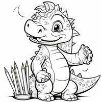 illustration outline drawing white background cartoon cute dinosaur to coloring, character games app mobile, generative ai photo