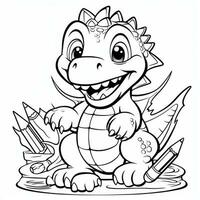 illustration outline drawing white background cartoon cute dinosaur to coloring, character games app mobile, generative ai photo