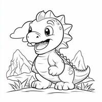 illustration outline drawing white background cartoon cute dinosaur to coloring, character games app mobile, generative ai photo