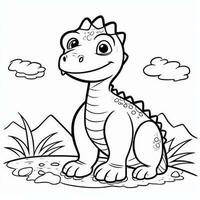 illustration outline drawing white background cartoon cute dinosaur to coloring, character games app mobile, generative ai photo