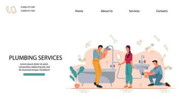 Plumbing Service website mockup with cartoon characters of repairman and client. Landing page banner template with plumbers working in clients bathroom, flat vector illustration.