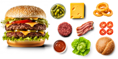 Western burger with ingredients, Beef patty, Cheddar cheese, Crispy bacon, Onion rings, BBQ sauce, Lettuce, Tomato slices, Sesame seed bun on transparent background png