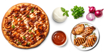 BBq Pizza with ingredients, BBQ sauce, Mozzarella cheese, Grilled chicken chunks, Red onions, Cilantro, on transparent background png