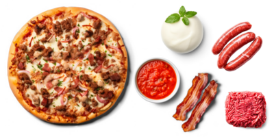 Meat lover Pizza with ingredients, bacon, mozzarella, sausages, minced meat, tomato sauce on transparent background png