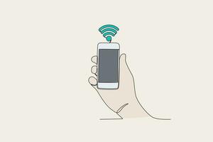 Color illustration of a hand holding a cellphone with an Internet connection vector