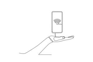 A hand showing a cellphone with an Internet connection vector