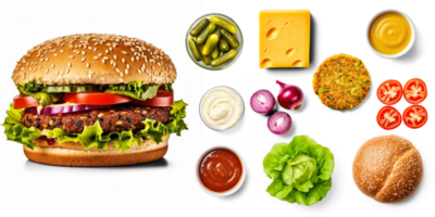 Vegetarisch Burger mit Zutaten, Vegetarisch Pastetchen, Cheddar Käse, Kopfsalat, Tomate Scheiben, Gurken, Zwiebeln, Ketchup, Senf, Mayonnaise, ganze Weizen Brötchen auf transparent Hintergrund png