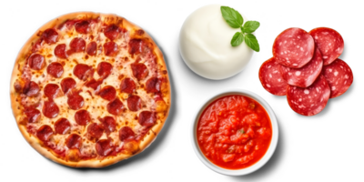 calabresa pizza com ingredientes, tomate molho, mozzarella queijo, calabresa fatias, em transparente fundo png