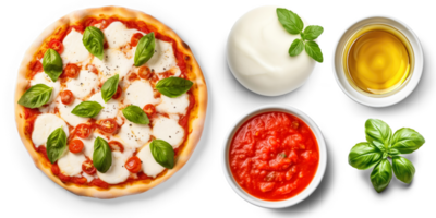 Margherita Pizza con ingredienti, pomodoro salsa, Mozzarella formaggio, fresco basilico foglie, oliva olio, su trasparente sfondo png