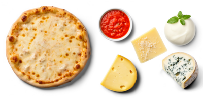 vier kazen pizza met ingrediënten, tomaat saus, Mozzarella kaas, Parmezaanse kaas kaas, Gorgonzola, blauw kaas, fontina, Provolone kaas, Aan transparant achtergrond png