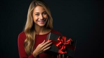 hermosa niña en pie en un negro antecedentes con un regalo en el manos foto