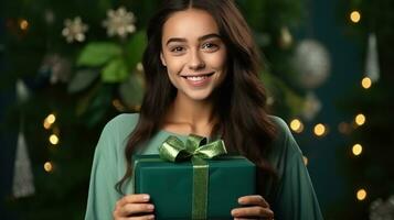 Beautiful girl standing on a green background with a gift in the hands photo
