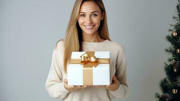 Beautiful girl standing on a white background with a gift in the hands photo