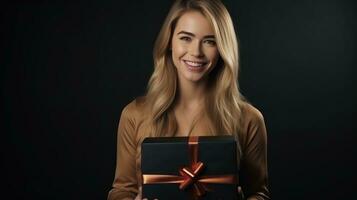 Beautiful girl standing on a black background with a gift in the hands photo