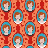 Seamless pattern with heartthrob man in mirror. Red hair and green eyes smiling handsome man with heart. Concept illustration. Ideal for decoration, textile, wrapping, scrapbooking vector