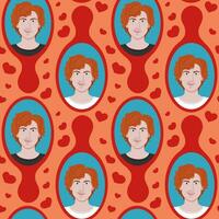 Seamless pattern with heartthrob man in mirror. Red hair and green eyes smiling handsome man with heart. Concept illustration. Ideal for decoration, textile, wrapping, scrapbooking vector