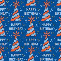 Flat minimalistic birthday cone seamless pattern. Vector celebrating pattern on blue background with confetti , stars and splashes. Ideal for home decoration, textile, wrapping, scrapbooking