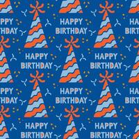 Flat minimalistic birthday cone seamless pattern. Vector celebrating pattern on blue background with confetti , stars and splashes. Ideal for home decoration, textile, wrapping, scrapbooking