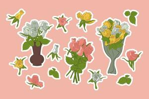 Collection of colorful roses flat vector stickers. Hand drawn isolated flowers and and bunches with white outline. Bunches or bouquets of roses in ceramic vase, in paper. Botanical unique design
