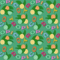 Flat minimalist tropical fruit seamless pattern. Colored word Tropico with lemon, lime and orange slices on green background. Perfect for decoration, textile, wrapping, background, home decor vector