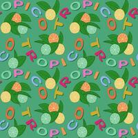 Flat minimalist tropical fruit seamless pattern. Colored word Tropico with lemon, lime and orange slices on green background. Perfect for decoration, textile, wrapping, background, home decor vector