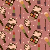 Flat minimalistic make up concept seamless pattern. Cut out make up brushes, eye shadow, mirror, lipstick, mascara. Selflove concept. Ideal fordecoration, textile, wrapping paper, background vector