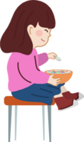 Lycklig liten flicka äter frukost. friska diet och näring för glad levande. png