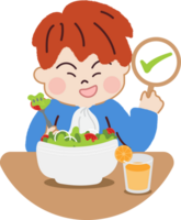 contento pequeño chico comiendo ensaladas y naranja jugo con correcto signo. sano dieta y nutrición para alegre viviendo. png